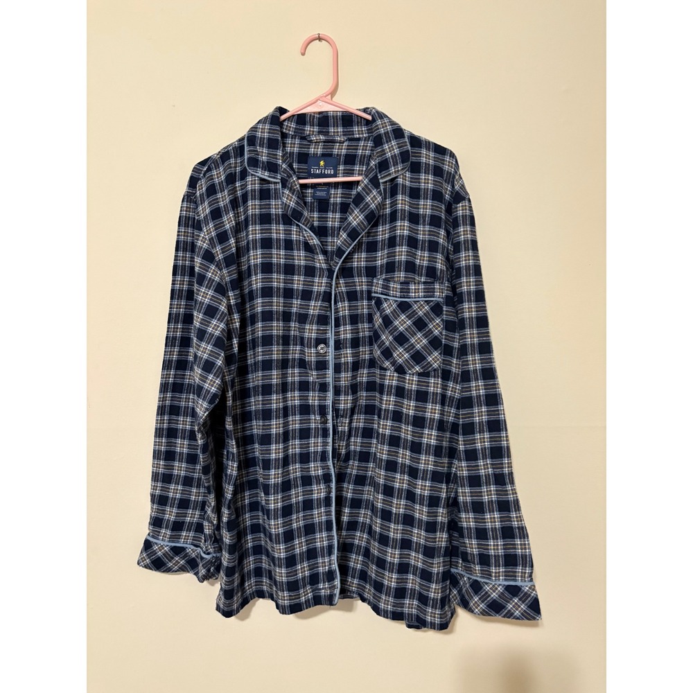 Stafford Mens Plaid Pajama Top Navy Blue Flannel Sleepwear Shirt Large